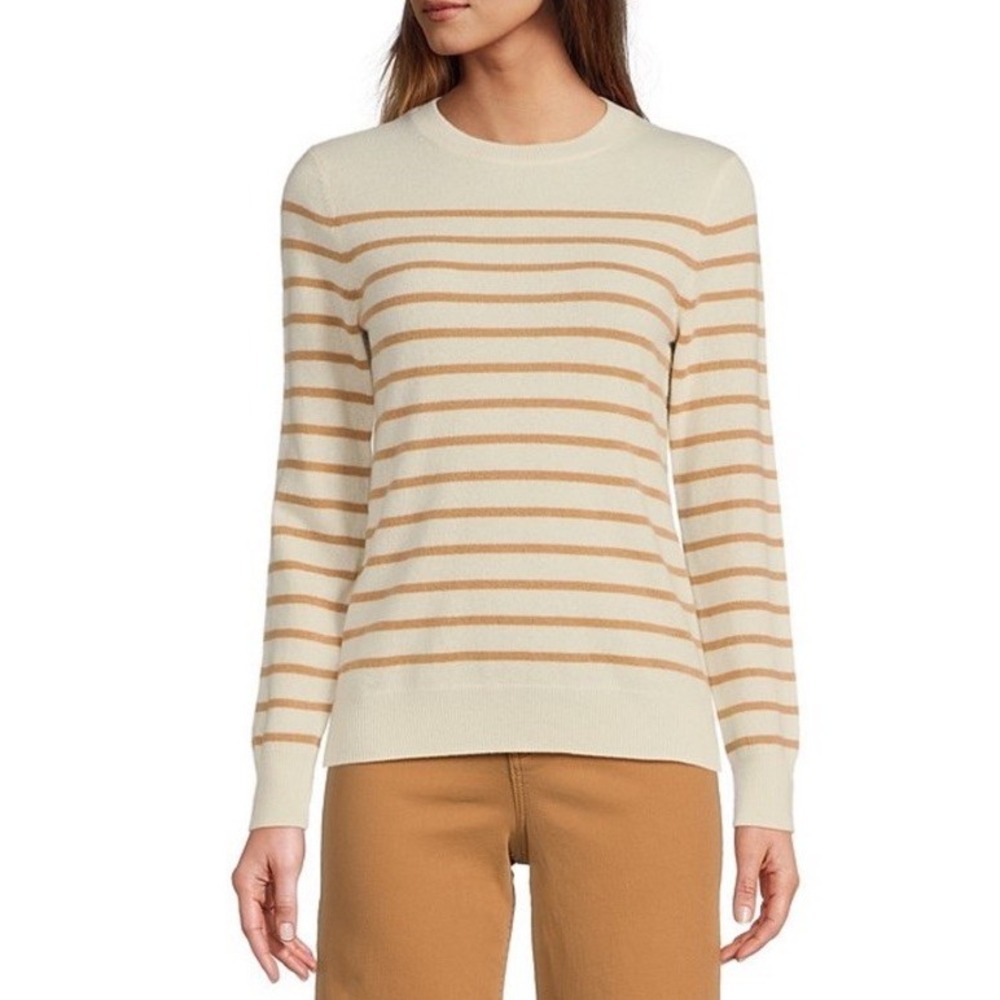 Antonio Melani Cameron Cashmere Sweater Tan Cream Striped Crew Neck Size M
